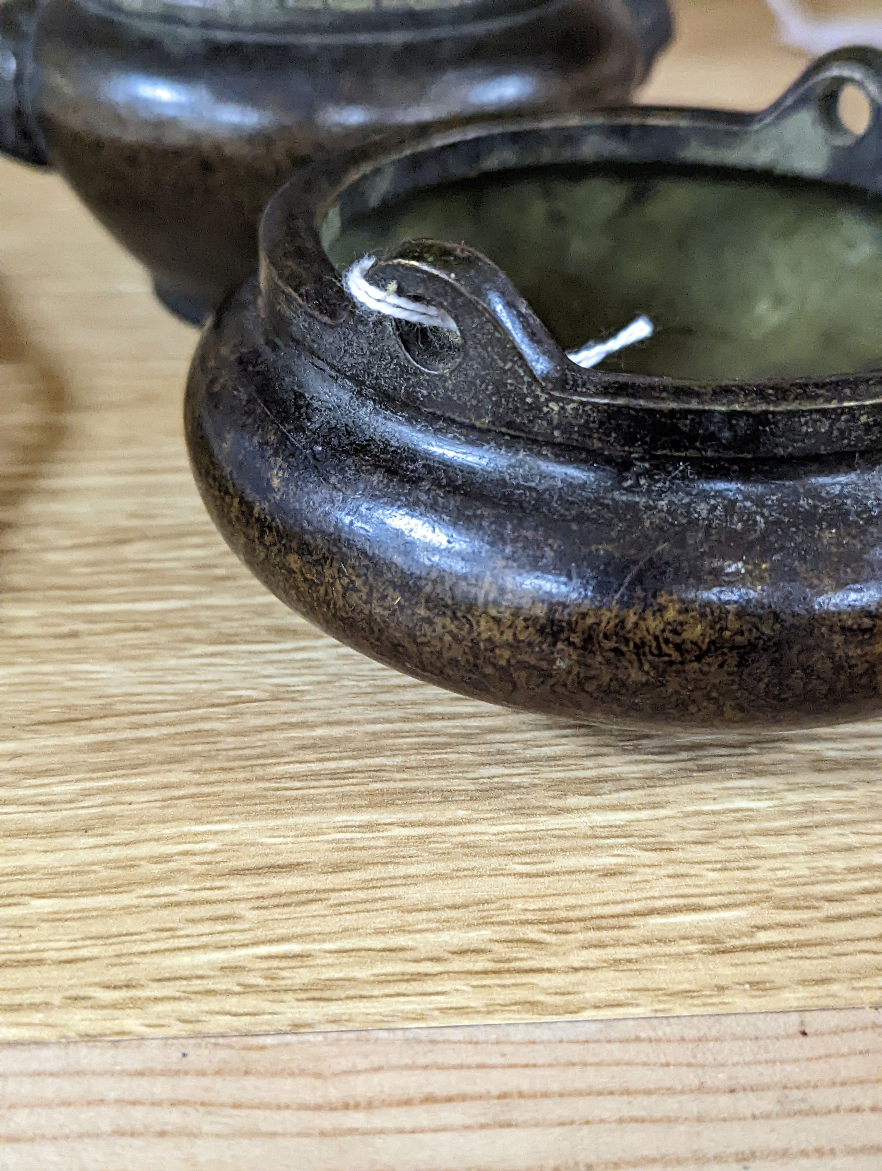 A Chinese bronze tripod censer and a Chinese bronze censer and cover 11cm